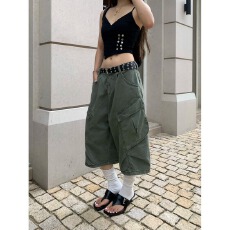 批发美式水洗做旧褶皱工装<b class='q'>七分裤</b>男女宽松多口袋百搭休闲短裤