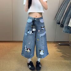 批发复古重工卡通牛仔七分裤女夏季<b class='q'>松紧腰</b>百搭休闲大码阔腿裤子