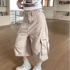 批发美式复古褶皱多口袋<b class='q'>七分裤</b>女夏季宽松休闲阔腿工装裤牛仔短裤潮