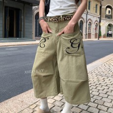 批发杏色刺绣工装<b class='q'>七分裤</b>女美式复古街头阔腿裤夏季新款百搭宽松休闲裤