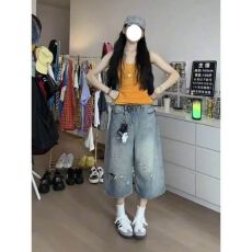 批发设计感破洞中款牛仔裤女夏辣妹高腰宽松百搭显瘦阔腿七分裤
