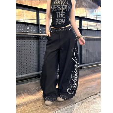 批发字母印花弯刀牛仔裤西海岸美式裤子高街松弛感宽松直筒阔腿<b class='q'>裤</b>