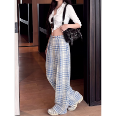 批发2026年夏季新款蓝格纹褶皱阔腿裤<b class='q'>女</b>宽松直筒百搭慵懒感显瘦休闲裤