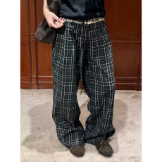 批发美式自由复古慵懒阔腿A字格子休闲裤双腰头夏季轻薄透气直筒长裤