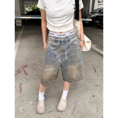 批发高街复古做旧蓝五分中裤男女夏季设计感小众宽松阔腿牛仔短裤