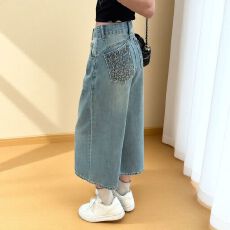 批发七分牛仔短裤女夏季新款松弛感高腰宽松阔腿显瘦直筒中裤子