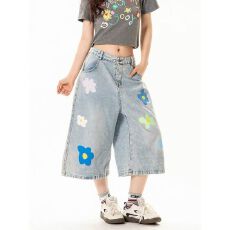 批发美式复古花朵印花牛仔短裤男女潮牌夏季宽松阔腿直筒五分裤