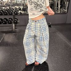 批发美式格子阔腿裤<b class='q'>夏</b>季新款高腰显瘦百搭bf慵懒宽松直筒休闲裤