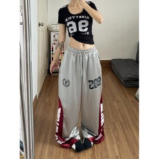 批发美式撞色拼接亮面阔腿休闲裤裤子<b class='q'>女</b>款2026夏季新款宽松垂感拖地裤