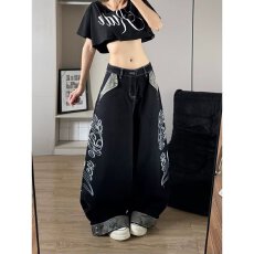 批发美式复古花卉印花微喇<b class='q'>牛仔</b>裤男女cleanfit百搭宽松直筒拖地长裤子