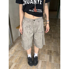 批发美式复古原创设计感工装<b class='q'>七分裤</b>男女夏季多口袋阔腿短裤休闲