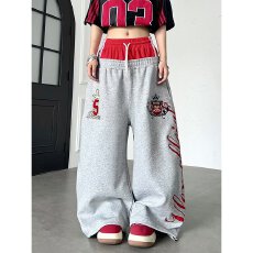 批发2026美式趣味苹果毛巾刺绣抽绳<b class='q'>休闲裤</b>男女宽松直筒街舞运动卫裤
