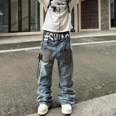 批发美式复古水洗印花绣花拼接条纹牛仔裤<b class='q'>男</b>小众街头修身微喇拖地<b class='q'>裤子</b>