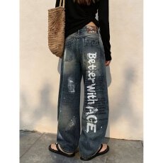 批发潮牌痞帅水洗做旧宽松阔腿直筒裤子<b class='q'>欧美</b>街头涂鸦泼墨牛仔裤男女