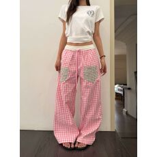 批发立体腰头-复古贴布口袋格子裤男女直筒宽松运动慵懒情侣休闲长裤