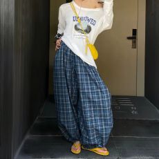 批发美式复古格子抽绳松紧休闲裤男女潮牌夏季宽松阔腿百搭长裤子