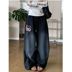 批发美式复古休闲<b class='q'>运动裤</b>女春夏宽松卫裤阔腿裤垂感拖地裤设计感直筒裤