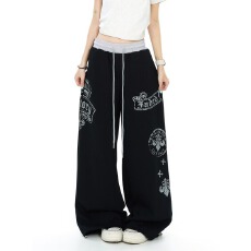 批发哥特风字母<b class='q'>印花</b>休闲裤女夏季新款宽松bf美式复古百搭阔腿裤