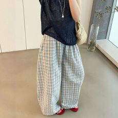 批发夏季慵懒风早秋新品松紧腰抽绳格子弯刀阔腿裤<b class='q'>女</b>百搭九分休闲<b class='q'>长裤</b>