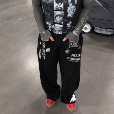 批发美式潮牌字母印花卫<b class='q'>裤</b>男女宽松阔腿通勤运动休闲<b class='q'>裤</b>子