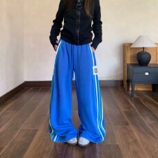 批发美式复古运动风条纹阔腿裤<b class='q'>男</b>女宽松baggy卫裤花灰色直筒休闲裤潮