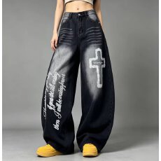 批发炫酷喷漆拼色设计水洗牛仔裤女秋新款高腰宽松显瘦百搭直筒阔腿裤
