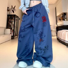 批发美式复古印花松紧腰阔腿垂感拖地卫裤男女宽松<b class='q'>休闲</b>慵懒