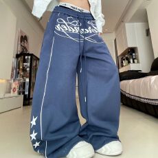 批发字母印花卫裤宽松阔腿运动裤女美式复古小众hiphop爵士跳舞长裤子