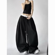 批发简约运动风双腰头抽绳卫裤女2026春季新款灰色宽松阔腿<b class='q'>休闲</b>裤子