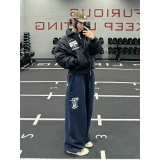批发美式复古藏青色刺绣休闲阔腿<b class='q'>长裤</b>男<b class='q'>女</b>款慵懒版型宽松百搭运动棉裤