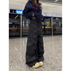 批发美式潮流多口袋百搭设计感<b class='q'>牛仔裤</b>男女宽松拼接金属装饰直筒长裤子