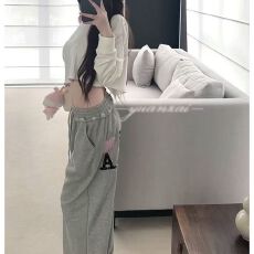 批发松弛少女棉粉色刺绣休闲裤女宽松直筒卫裤阔腿裤