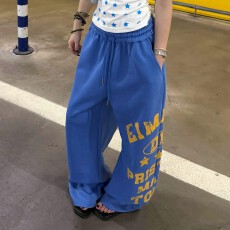 批发美式复古字母印花运动秋卫裤女爵士慵懒垂感阔腿拖地休闲跳舞长裤