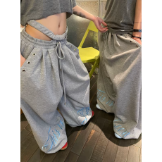 批发美式复古字母刺绣宽松廓形休闲卫裤男女同款