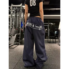 批发美式字母刺绣松紧腰垂感阔腿休闲裤<b class='q'>男</b>女宽松百搭拖地长裤
