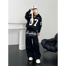 批发美式潮牌字母星星印花条纹弯刀卫裤<b class='q'>男</b>女街舞宽松休闲运动阔腿长裤