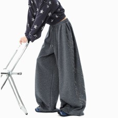 批发美式满天星字母烫钻休闲裤<b class='q'>男</b>女秋爵士舞宽松卫裤设计感抽绳阔腿裤