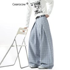 批发秋季美式复古褶皱设计格子休闲裤男<b class='q'>女</b>款慵懒风宽松阔腿拖地西裤