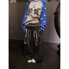 批发秋季新款美式复古街头休闲印花条纹弯刀裤<b class='q'>女</b>宽松显瘦设计感阔腿<b class='q'>裤</b>