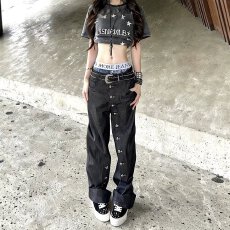 批发美式复古弯曲长排扣设计牛仔裤男秋季流行高街宽松阔腿拖地长裤<b class='q'>潮</b>