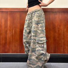 批发美式铆钉迷彩多口袋阔腿裤男女宽松工装街头直筒休闲百搭长裤