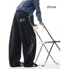 批发重磅hiphop运动卫裤男<b class='q'>女</b>秋美式潮牌印花微喇长裤复古宽松拖地裤子