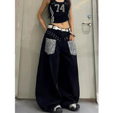 批发美式复古豹纹拼接铆钉阔腿裤<b class='q'>女</b>宽松设计感街头风拖地长裤