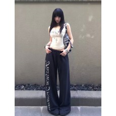 批发美式字母印花抽绳休闲裤<b class='q'>女</b>春秋新款束脚运动卫裤高腰阔腿拖地长裤