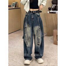 批发Miub美式复古工装牛仔裤男女摇滚泼墨手绘y2k小众水洗做旧阔腿裤