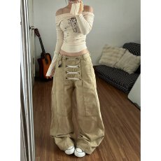 批发美式米杏色工装牛仔裤女2026秋季新款高腰宽松垂感直筒阔腿休闲裤