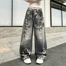 批发Start美式街头复古数码印花豹纹<b class='q'>牛仔</b>裤<b class='q'>男</b>女潮牌宽松休闲阔腿<b class='q'>长裤</b>