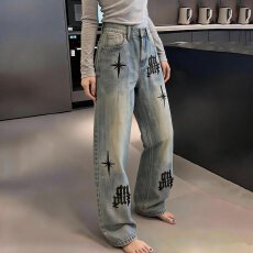 批发秋季重工贴布绣牛仔裤男女时尚炸街潮流痞帅水洗做旧百搭直筒裤