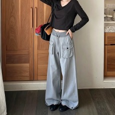 批发灰色休闲工装裤女直筒大码2026秋季新款宽松显瘦梨型身材阔腿裤
