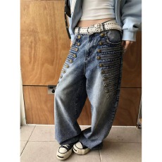 批发秋季美式设计感铆钉阔腿牛仔裤<b class='q'>男</b>女宽松<b class='q'>休闲</b>百搭潮流拖地<b class='q'>长裤</b>